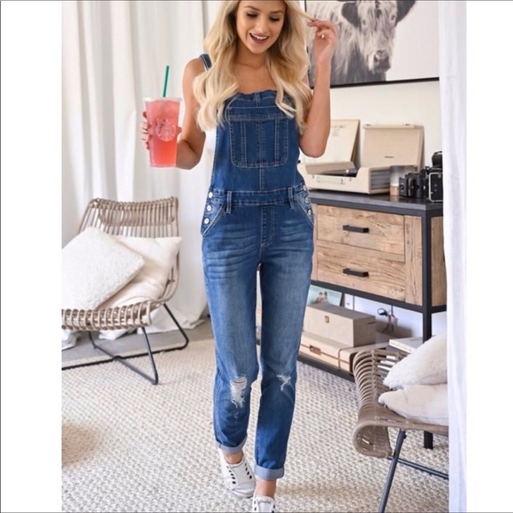 KanCan Los Angeles Distressed Dark Wash Stretch Overalls Size S - Picture 3 of 16